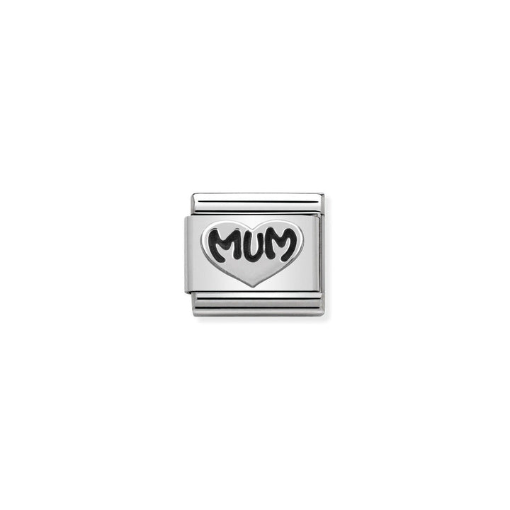 Niche Jewellery silver oxidised charm with a heart engraved with 'Mum'. Stainless steel and sterling silver.