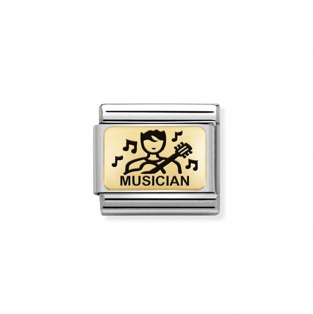 Niche Jewellery stainless steel and 18K gold musician charm with black enamel guitar and musical notes.