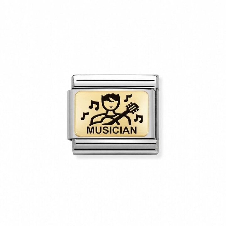 Niche Jewellery stainless steel and 18K gold musician charm with black enamel guitar and musical notes.
