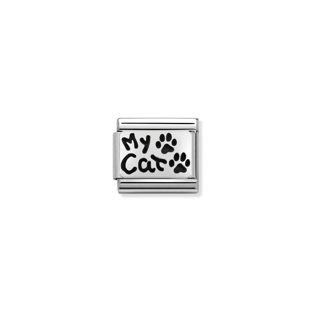 Niche Jewellery Nomination stainless steel charm with oxidised silver finish featuring My Cat text and paw prints