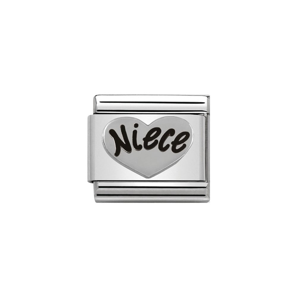 Niche Jewellery silver oxidised stainless steel charm with a heart shape and the word 'Niece' in black.