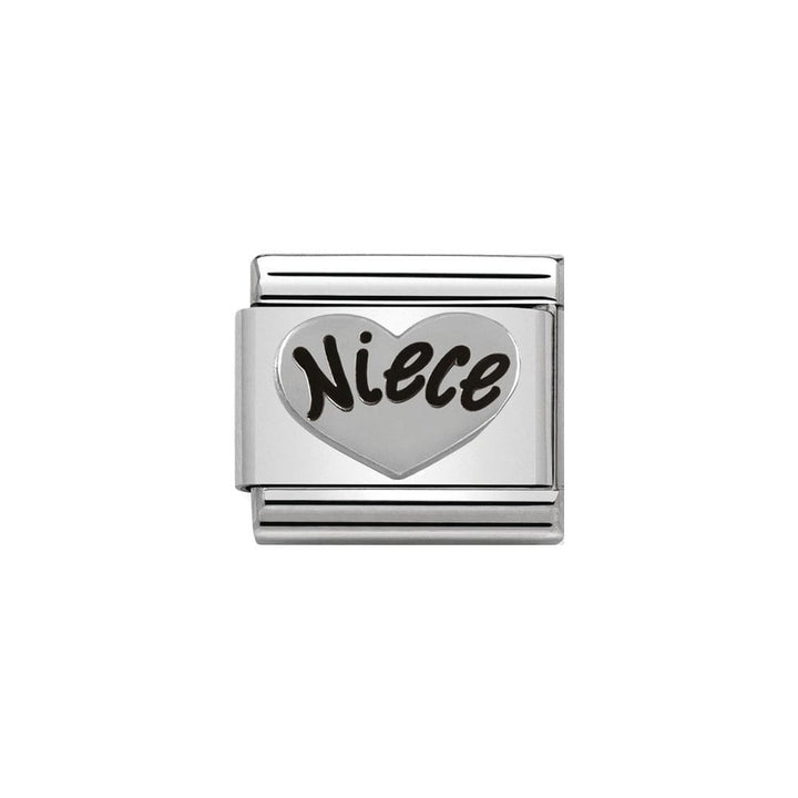 Niche Jewellery silver oxidised stainless steel charm with a heart shape and the word 'Niece' in black.