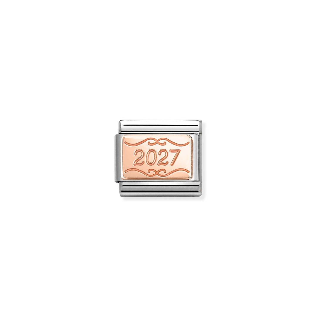 Niche Jewellery Nomination 2027 charm in stainless steel with a rose gold engraved plaque for a classic bracelet.