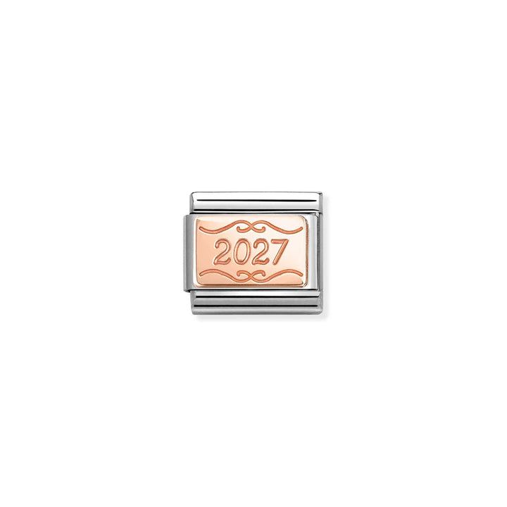 Niche Jewellery Nomination 2027 charm in stainless steel with a rose gold engraved plaque for a classic bracelet.