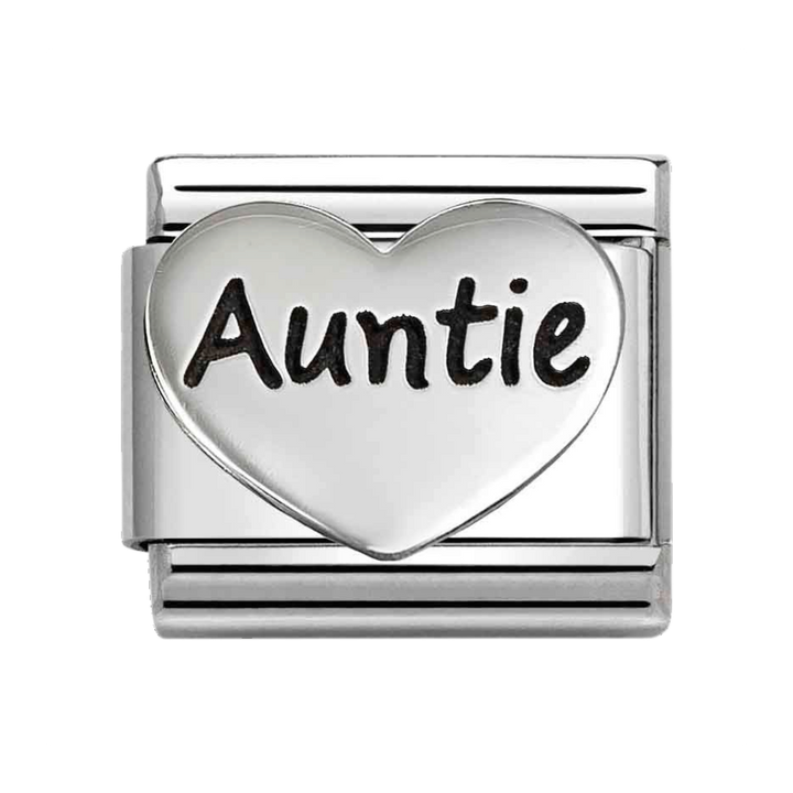 Niche Jewellery Nomination stainless steel charm with an oxidised sterling silver heart engraved with Auntie