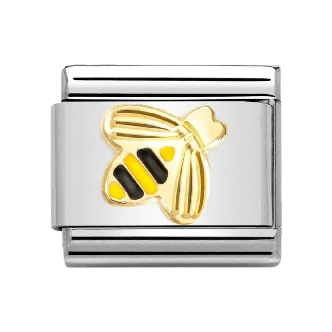 Niche Jewellery Nomination bee charm in stainless steel with 18k gold and black enamel sunray bezel detail.