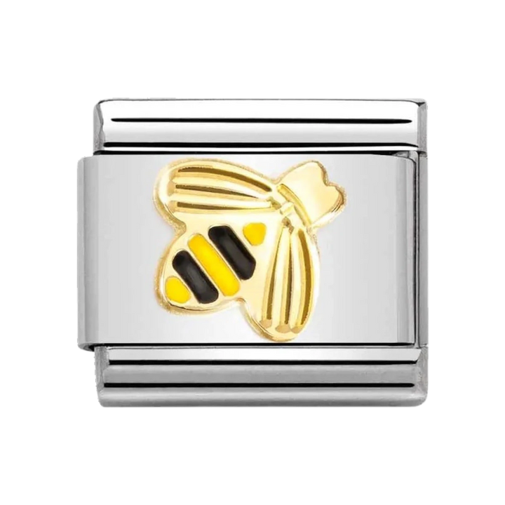 Niche Jewellery Nomination bee charm in stainless steel with 18k gold and black enamel sunray bezel detail.