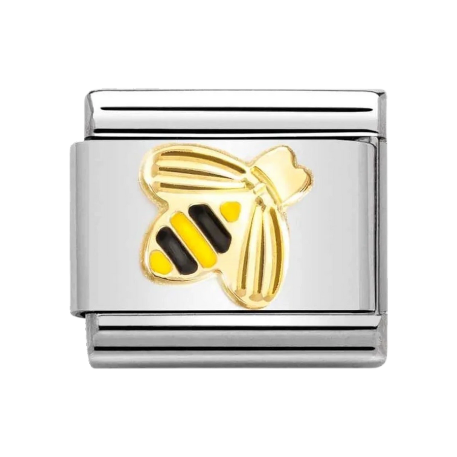 Niche Jewellery Nomination bee charm in stainless steel with 18k gold and black enamel sunray bezel detail.