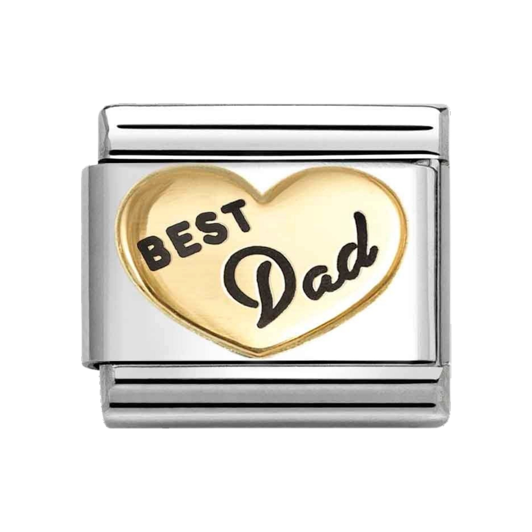 Niche Jewellery Nomination heart charm in stainless steel and 18k gold with black enamel Best Dad inscription.