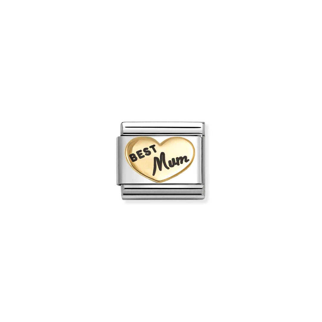 Niche Jewellery Nomination charm featuring a gold heart with Best Mum inscription in enamel on stainless steel link