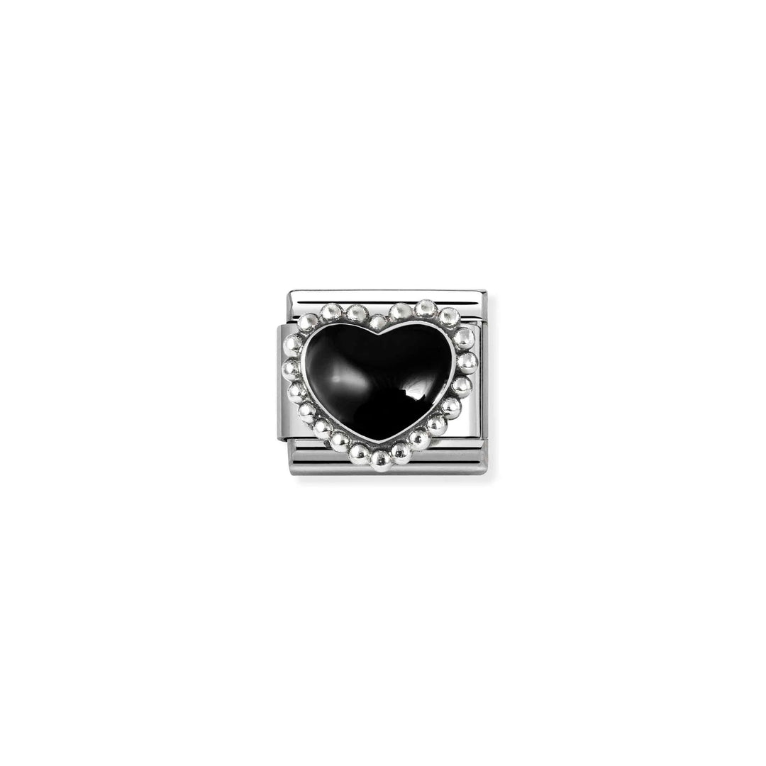 Niche Jewellery Nomination charm featuring a glossy black enamel heart with a dotted silver border on stainless steel.