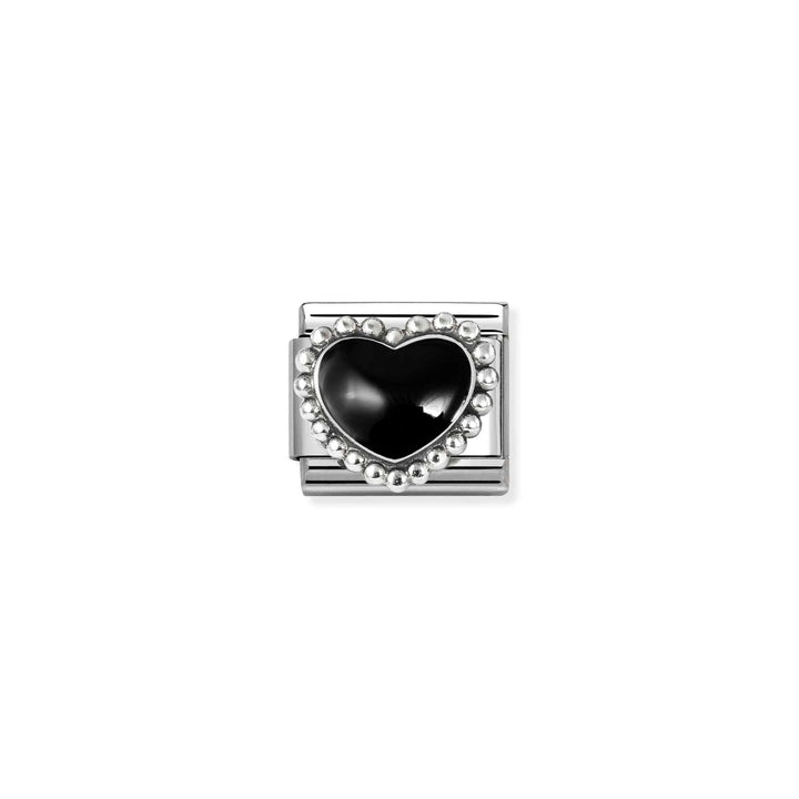Niche Jewellery Nomination charm featuring a glossy black enamel heart with a dotted silver border on stainless steel.