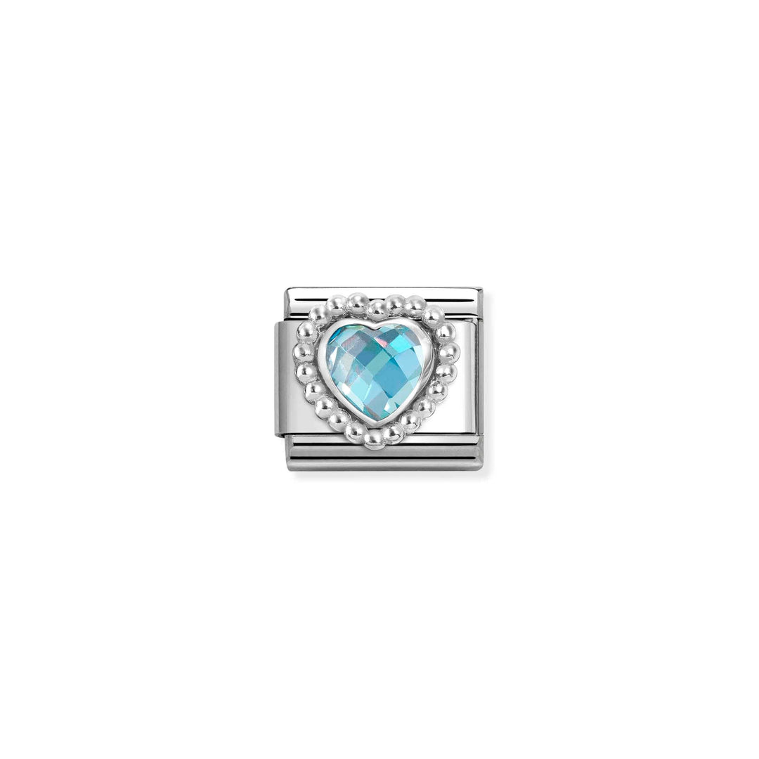 Niche Jewellery Nomination charm featuring a faceted light blue heart cubic zirconia with a silver dotted border.
