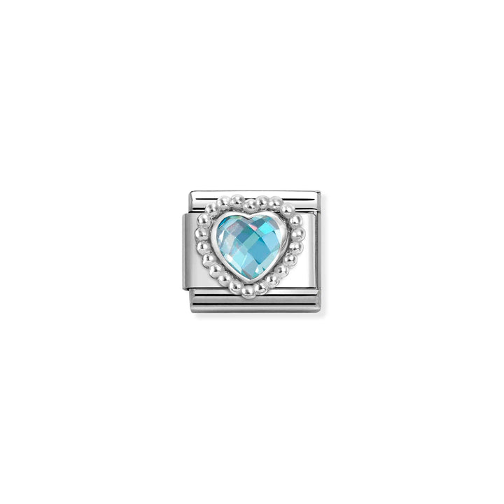 Niche Jewellery Nomination charm featuring a faceted light blue heart cubic zirconia with a silver dotted border.