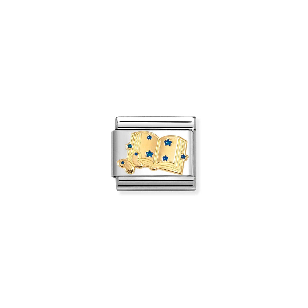 Niche Jewellery Nomination charm featuring an 18k gold book with blue enamel stars on a stainless steel link.