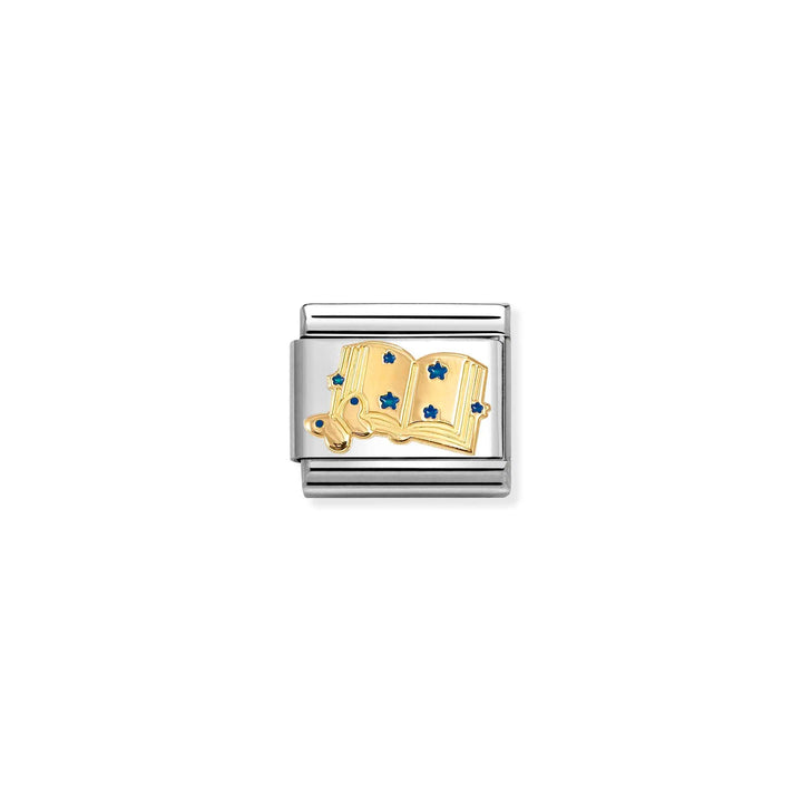 Niche Jewellery Nomination charm featuring an 18k gold book with blue enamel stars on a stainless steel link.