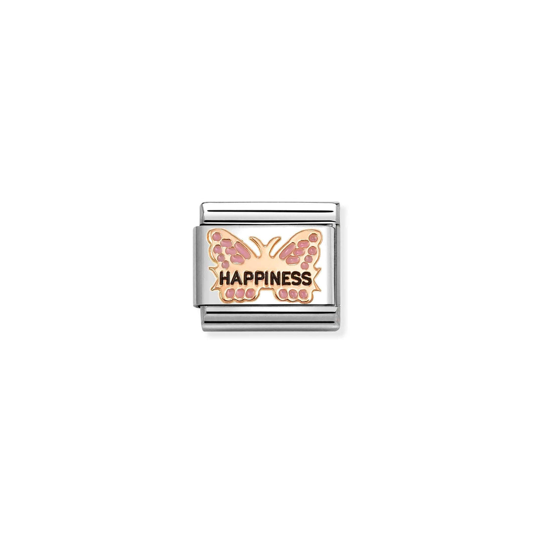 Niche Jewellery Nomination charm featuring a rose gold butterfly with pink enamel and the word Happiness engraved.
