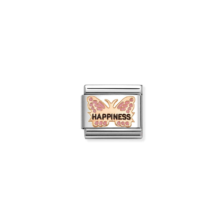 Niche Jewellery Nomination charm featuring a rose gold butterfly with pink enamel and the word Happiness engraved.