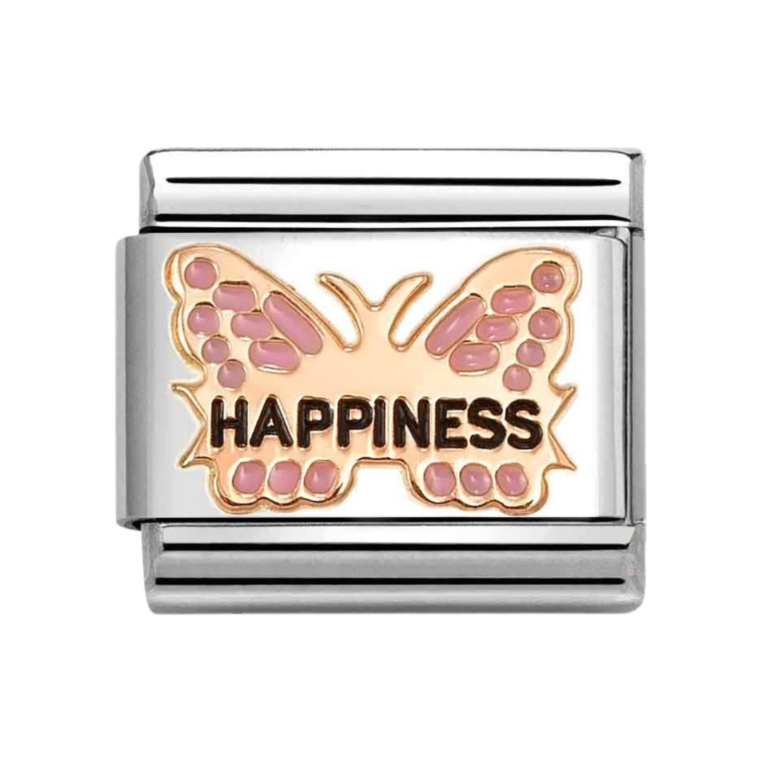 Niche Jewellery Nomination charm featuring a rose gold butterfly with pink enamel and the word Happiness engraved.