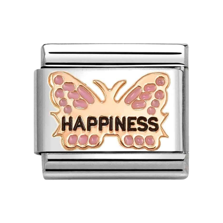 Niche Jewellery Nomination charm featuring a rose gold butterfly with pink enamel and the word Happiness engraved.
