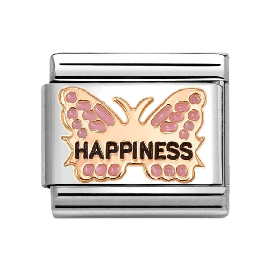 Niche Jewellery Nomination charm featuring a rose gold butterfly with pink enamel and the word Happiness engraved.