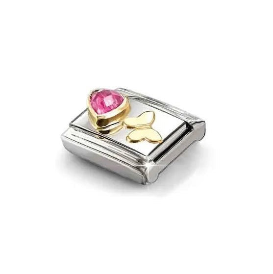 Niche Jewellery Nomination charm featuring a gold butterfly and pink faceted heart on stainless steel link.