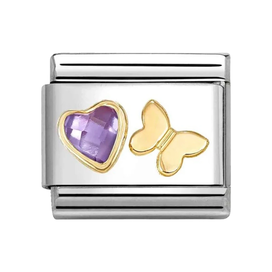 Niche Jewellery Nomination charm featuring a gold butterfly and purple faceted heart on stainless steel base.