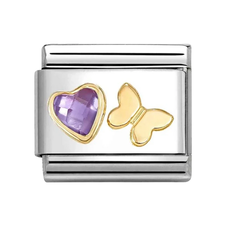 Niche Jewellery Nomination charm featuring a gold butterfly and purple faceted heart on stainless steel base.