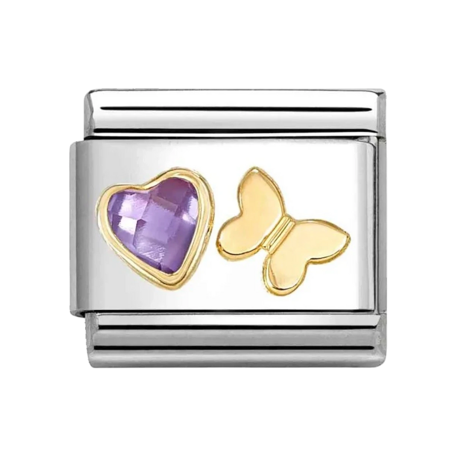 Niche Jewellery Nomination charm featuring a gold butterfly and purple faceted heart on stainless steel base.