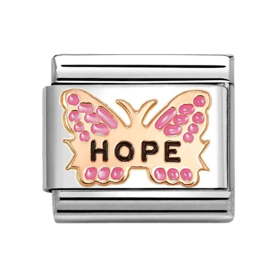 Niche Jewellery Nomination stainless steel charm with a rose gold enamel butterfly and the word hope.