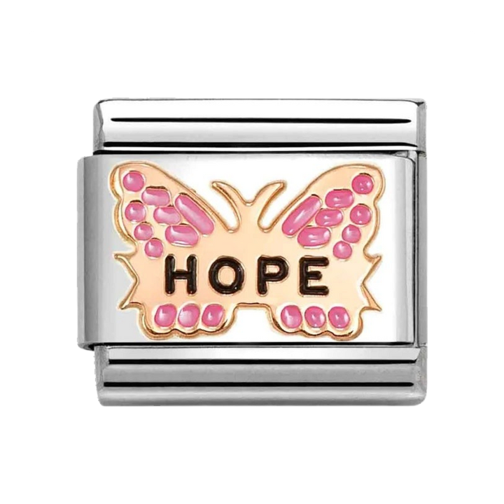 Niche Jewellery Nomination stainless steel charm with a rose gold enamel butterfly and the word hope.
