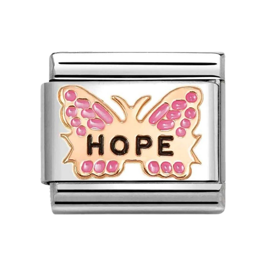 Niche Jewellery Nomination stainless steel charm with a rose gold enamel butterfly and the word hope.