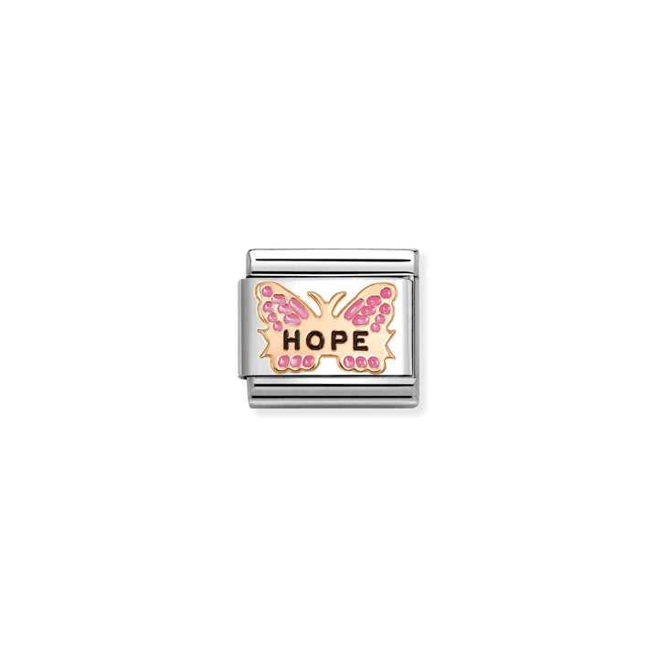 Niche Jewellery Nomination stainless steel charm featuring a rose gold butterfly with pink enamel and the word hope.