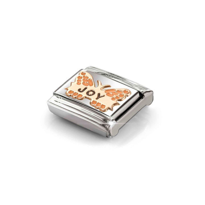 Niche Jewellery Nomination rose gold and stainless steel charm featuring an enamel butterfly and the word Joy.