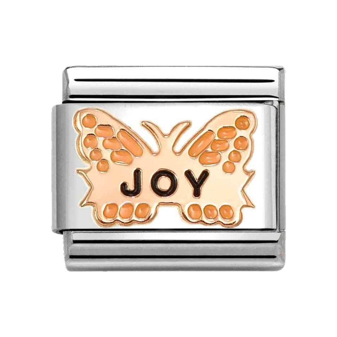 Niche Jewellery Nomination rose gold and stainless steel butterfly charm with enamel detail and the word Joy.