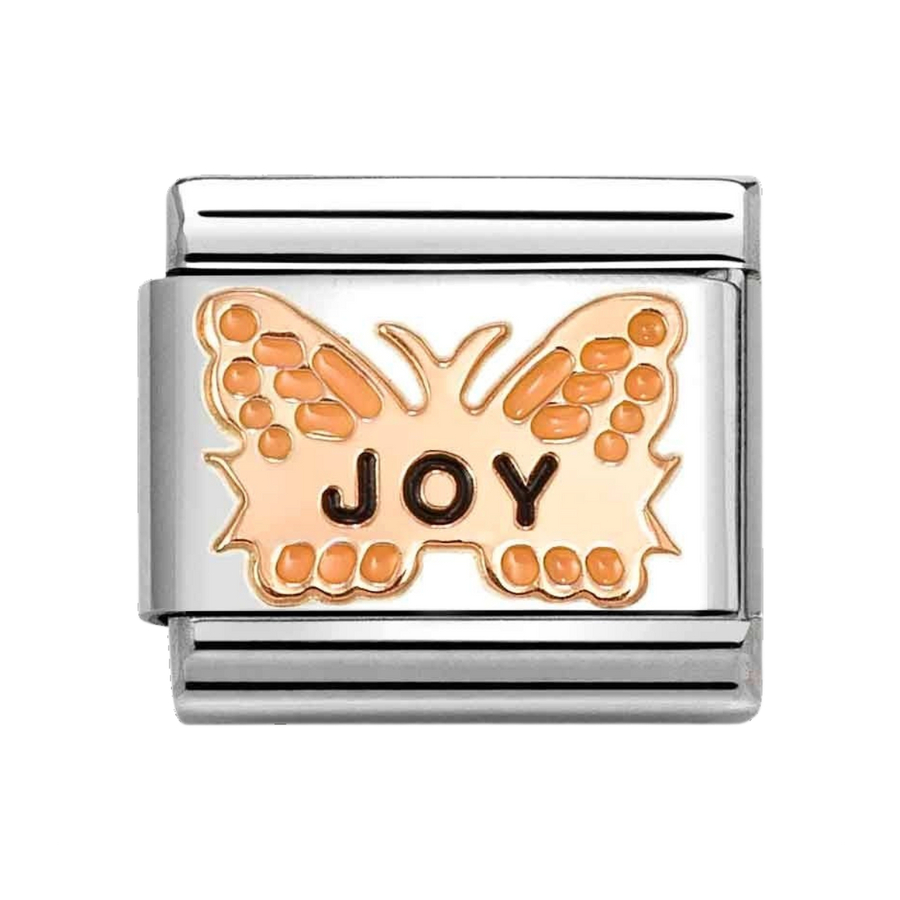 Niche Jewellery Nomination rose gold and stainless steel butterfly charm with enamel detail and the word Joy.