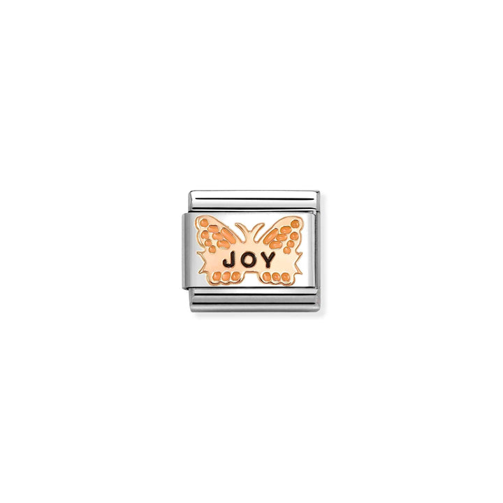 Niche Jewellery Nomination rose gold and stainless steel butterfly charm with enamel detail and the word Joy.