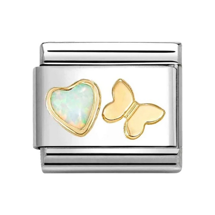 Niche Jewellery Nomination charm featuring a gold butterfly and heart-shaped white opal on stainless steel base.