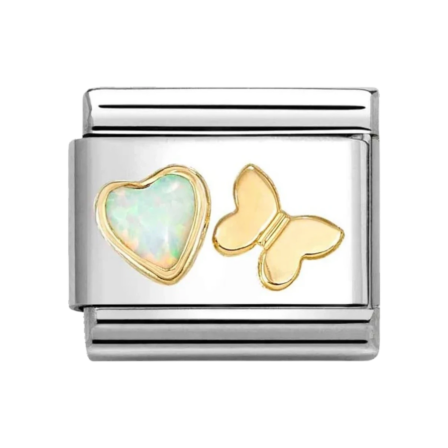 Niche Jewellery Nomination charm featuring a gold butterfly and heart-shaped white opal on stainless steel base.