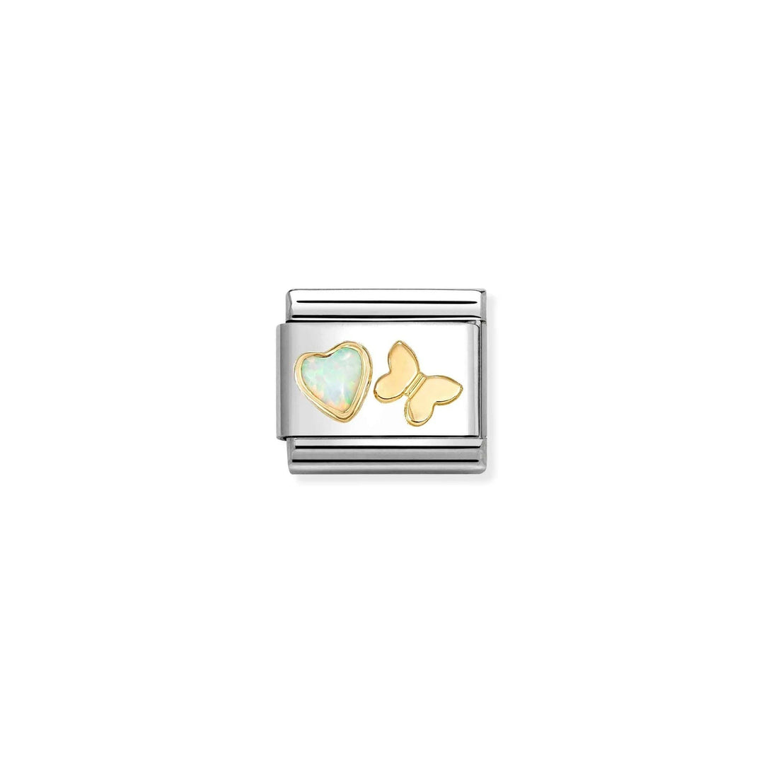Niche Jewellery Nomination charm featuring a gold butterfly and heart-shaped white opal in stainless steel.