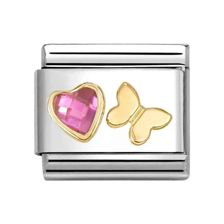 Niche Jewellery Nomination charm featuring a gold butterfly and a pink faceted heart on stainless steel link.