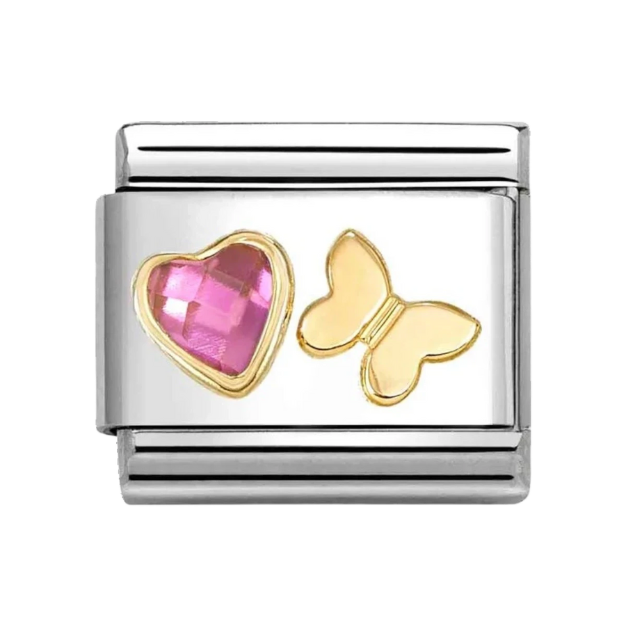 Niche Jewellery Nomination charm featuring a gold butterfly and a pink faceted heart on stainless steel link.