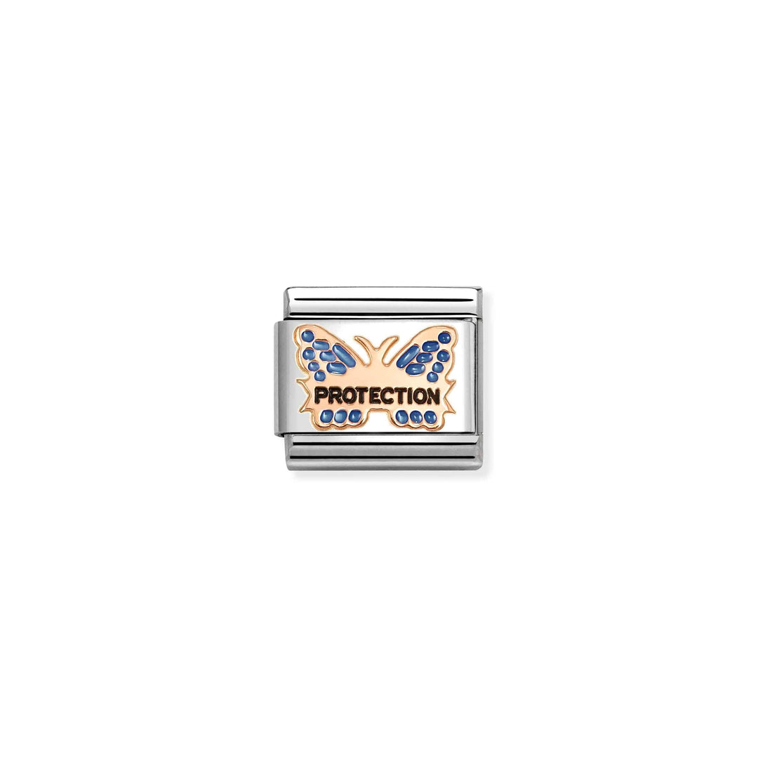 Niche Jewellery Nomination butterfly charm in stainless steel and rose gold with blue enamel wings and protection text.