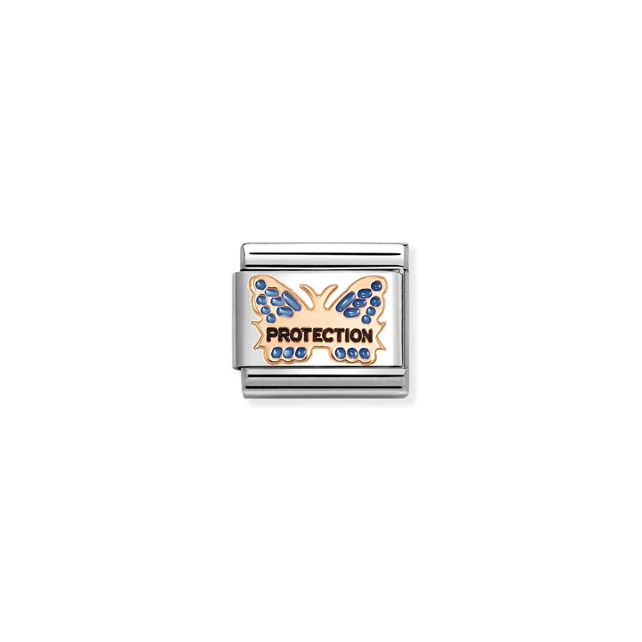 Niche Jewellery Nomination butterfly charm in stainless steel and rose gold with blue enamel wings and protection text.