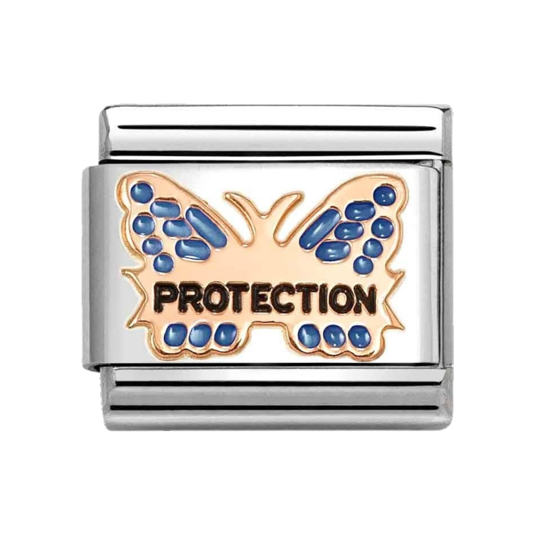 Niche Jewellery Nomination butterfly charm in stainless steel and rose gold with blue enamel wings and protection text.
