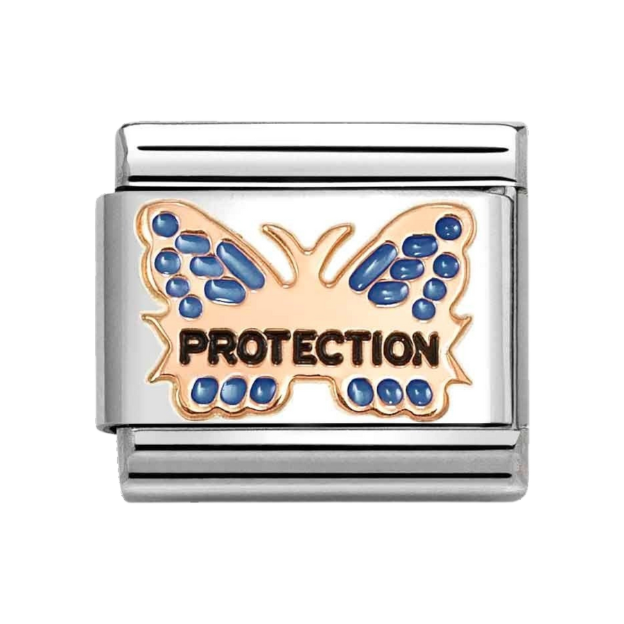 Niche Jewellery Nomination butterfly charm in stainless steel and rose gold with blue enamel wings and protection text.