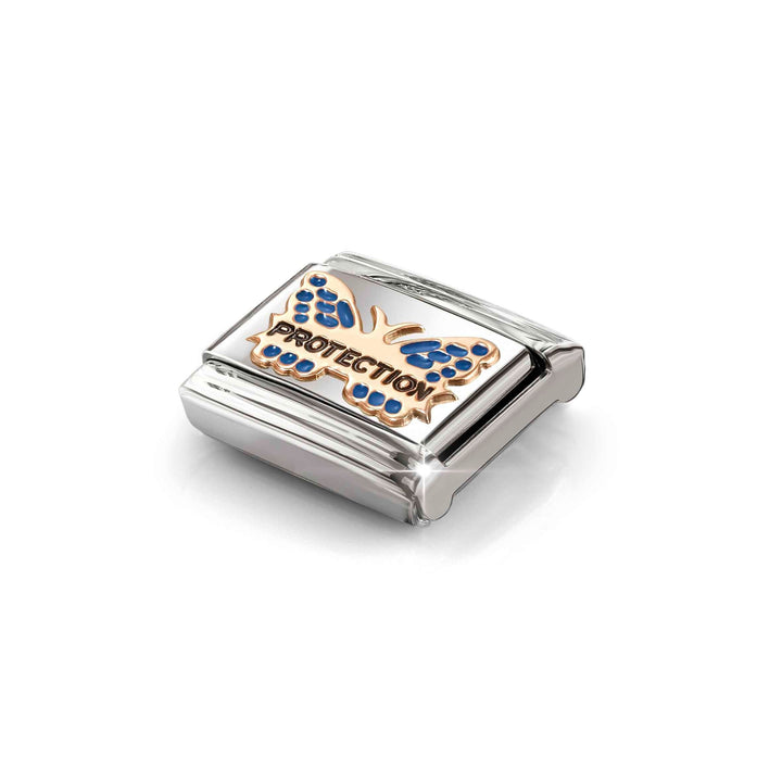 Niche Jewellery Nomination charm featuring a rose gold butterfly with blue enamel details and the word PROTECTION.
