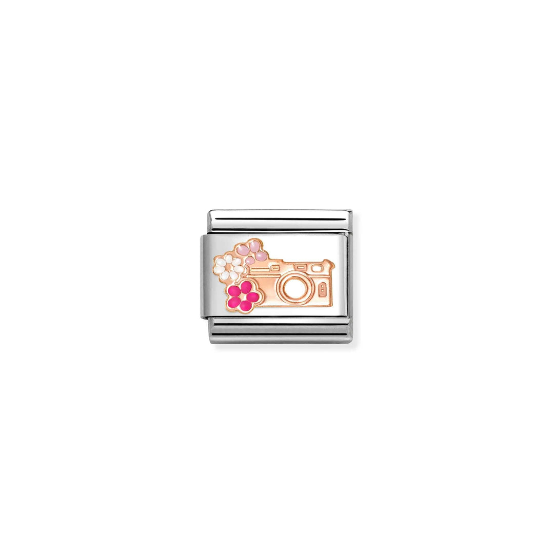 Niche Jewellery Nomination camera charm in stainless steel and 9k rose gold with pink and white enamel flower details.