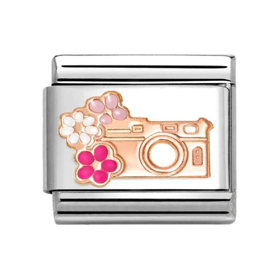 Niche Jewellery Nomination camera charm in 9k rose gold and stainless steel with pink and white enamel flower details.