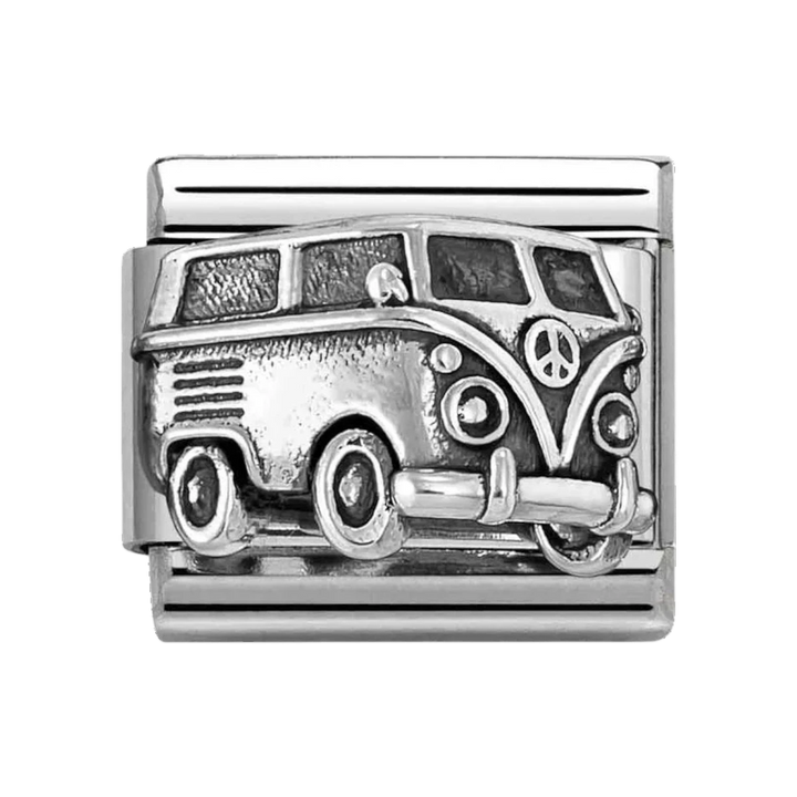 Niche Jewellery Nomination stainless steel camper van charm with oxidised silver finish and peace sign detail.